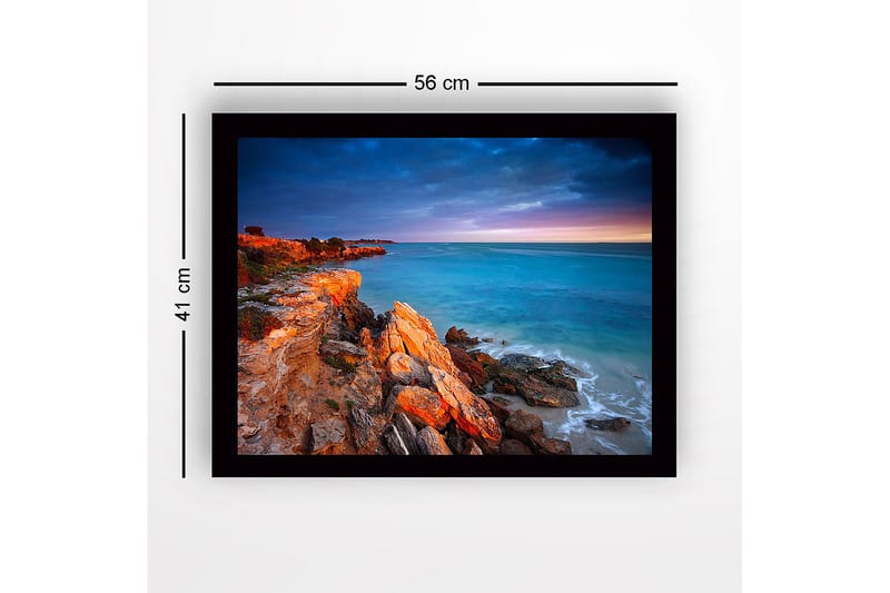 Innrammet lerretsbilde i tre - 41x56 cm - Vakker kystlinje med klipper og hav i skumringslys - Turkis / Oransje / Grå - Innredning - Bilder & kunst