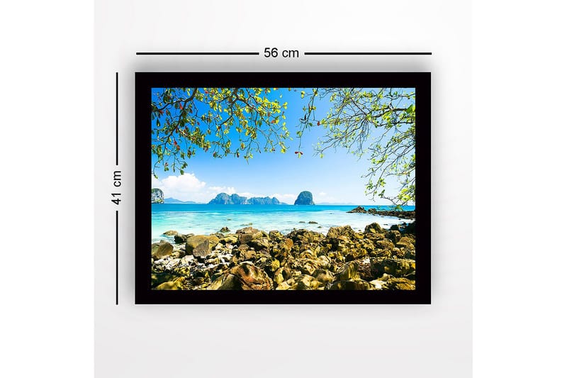 Innrammet lerretsbilde i tre - 41x56 cm - Vakker kystlinje med klipper og klart blått hav - Blå / Grønn / Beige - Innredning - Bilder & kunst