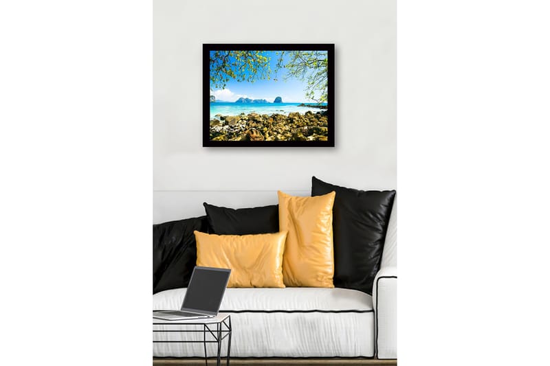 Innrammet lerretsbilde i tre - 41x56 cm - Vakker kystlinje med klipper og klart blått hav - Blå / Grønn / Beige - Innredning - Bilder & kunst