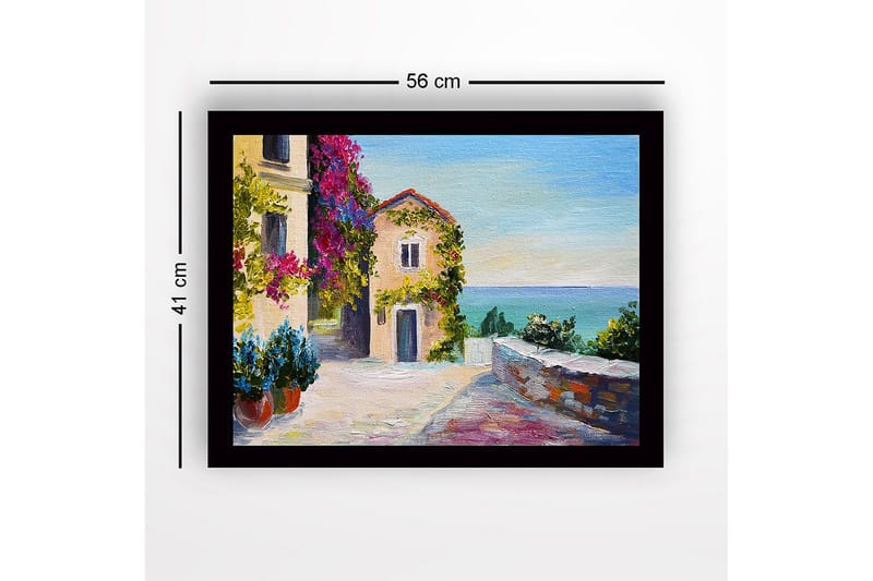 Innrammet lerretsbilde i tre - 41x56 cm - Vakker kystutsikt med blomster og en pittoresk bygning - Lilla / Grønn / Blå - Innredning - Bilder & kunst