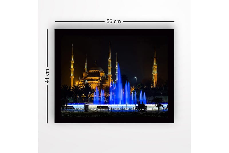 Innrammet lerretsbilde i tre - 41x56 cm - Vakker moské opplyst av gyllent lys med en fontene i blått vann - Gull / Blå - Innredning - Bilder & kunst