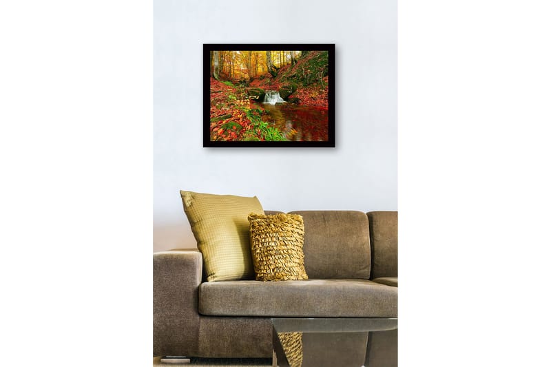 Innrammet lerretsbilde i tre - 41x56 cm - Vakker skog med en klukkende bekk omgitt av høstfarger - Rød / Oransje / Grønn - Innredning - Bilder & kunst