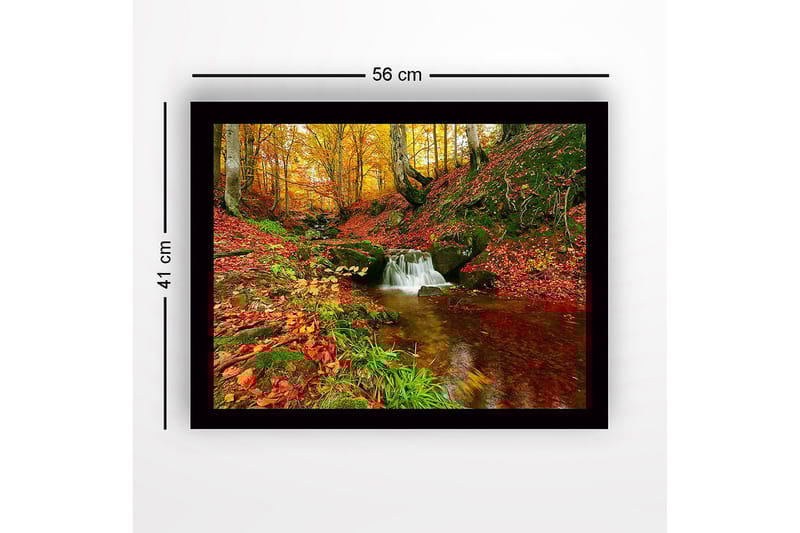 Innrammet lerretsbilde i tre - 41x56 cm - Vakker skog med en klukkende bekk omgitt av høstfarger - Rød / Oransje / Grønn - Innredning - Bilder & kunst