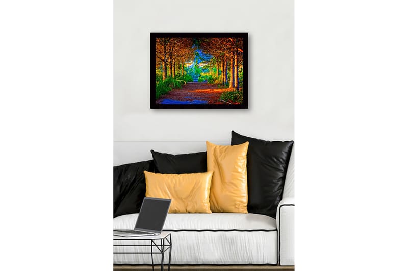 Innrammet lerretsbilde i tre - 41x56 cm - Vakker skogssti omgitt av trær i gyldne og grønne nyanser - Gull / Grønn / Brun - Innredning - Bilder & kunst