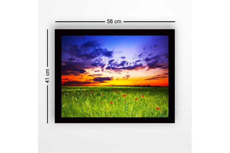 Innrammet lerretsbilde i tre - 41x56 cm - Vakker solnedgang over en grønn eng med røde valmuer - Grønn / Oransje / Blå - Innredning - Bilder & kunst