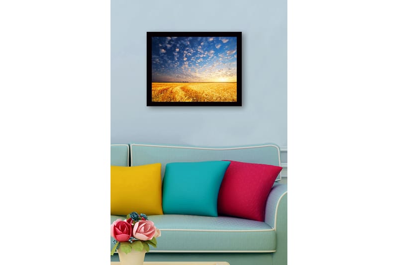 Innrammet lerretsbilde i tre - 41x56 cm - Vakker solnedgang over et gyllent hvetefelt - Gull / Blå / Hvit - Innredning - Bilder & kunst