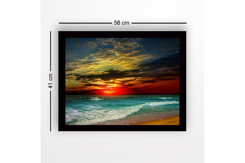 Innrammet lerretsbilde i tre - 41x56 cm - Vakker solnedgang over havet med dramatiske skyformasjoner - Mørk rød / Turkis / Gyllen - Innredning - Bilder & kunst