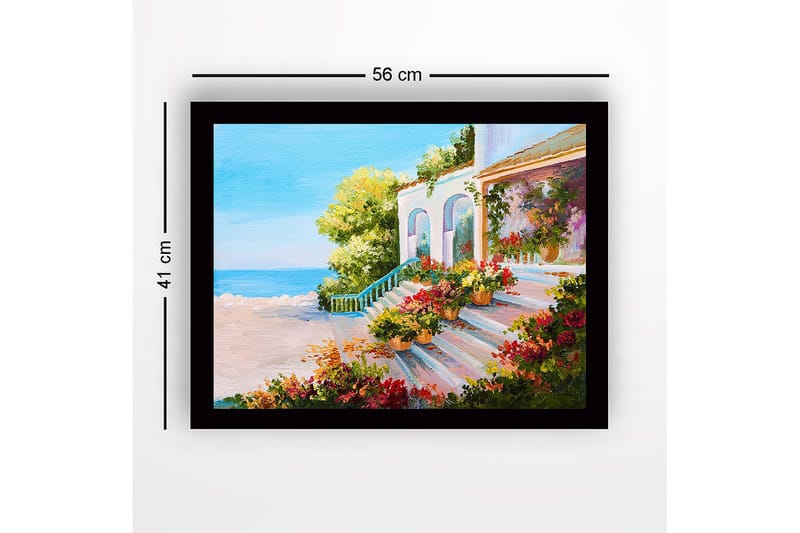 Innrammet lerretsbilde i tre - 41x56 cm - Vakker trapp med blomsterpotter i et solrikt kystmiljø - Grønn / Rosa / Blå - Innredning - Bilder & kunst