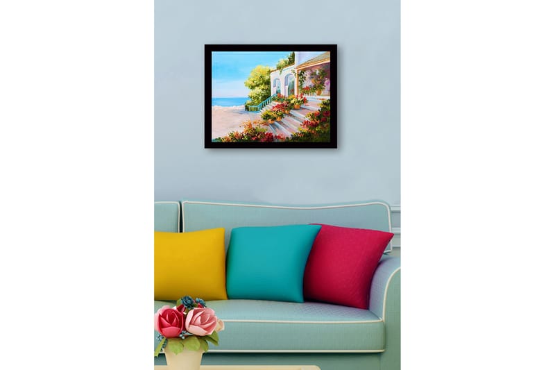 Innrammet lerretsbilde i tre - 41x56 cm - Vakker trapp med blomsterpotter i et solrikt kystmiljø - Grønn / Rosa / Blå - Innredning - Bilder & kunst