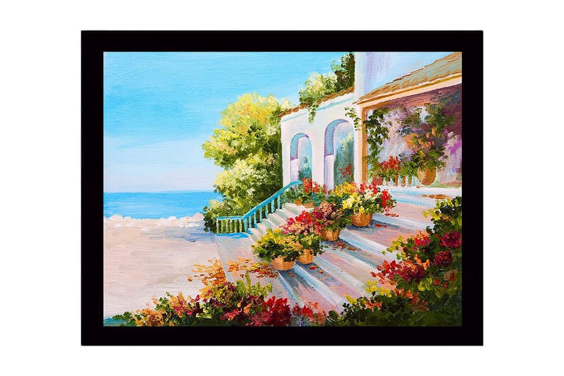 Innrammet lerretsbilde i tre - 41x56 cm - Vakker trapp med blomsterpotter i et solrikt kystmiljø, Grønn / Rosa / Blå