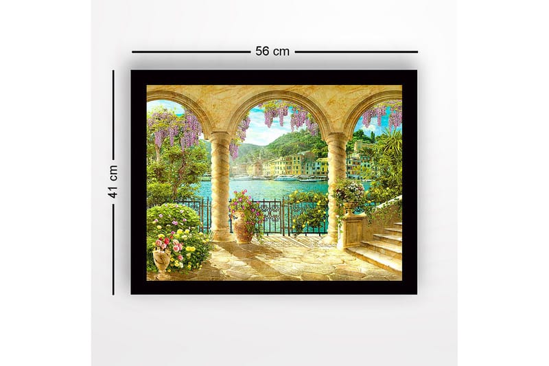 Innrammet lerretsbilde i tre - 41x56 cm - Vakker utsikt gjennom buen med blomster og havet i bakgrunnen - Lilla / Grønn / Gull - Innredning - Bilder & kunst