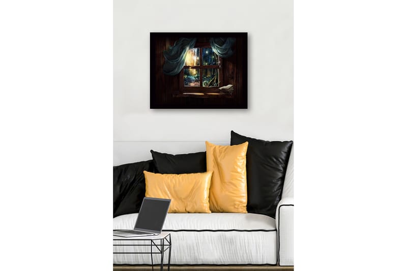 Innrammet lerretsbilde i tre - 41x56 cm - Vakker utsikt gjennom et vindu mot en magisk skog - Mørk grønn / Brun / Lys blå - Innredning - Bilder & kunst