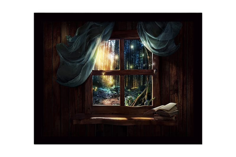 Innrammet lerretsbilde i tre - 41x56 cm - Vakker utsikt gjennom et vindu mot en magisk skog - Mørk grønn / Brun / Lys blå - Innredning - Bilder & kunst