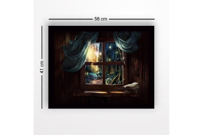 Innrammet lerretsbilde i tre - 41x56 cm - Vakker utsikt gjennom et vindu mot en magisk skog - Mørk grønn / Brun / Lys blå - Innredning - Bilder & kunst