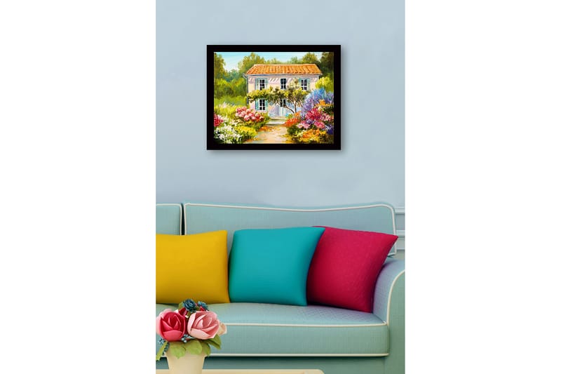 Innrammet lerretsbilde i tre - 41x56 cm - Vakker villa omgitt av blomstrende hage - Grønn / Rosa / Gul - Innredning - Bilder & kunst