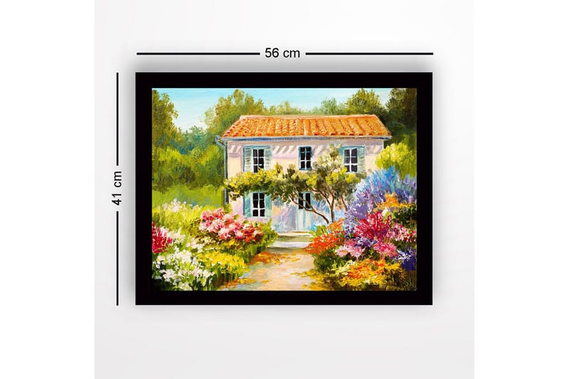 Innrammet lerretsbilde i tre - 41x56 cm - Vakker villa omgitt av blomstrende hage - Grønn / Rosa / Gul - Innredning - Bilder & kunst