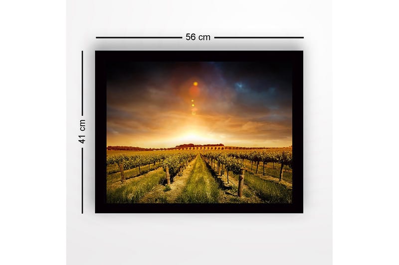 Innrammet lerretsbilde i tre - 41x56 cm - Vakker vingård under en gyllen solnedgang - Gull / Grønn / Brun - Innredning - Bilder & kunst