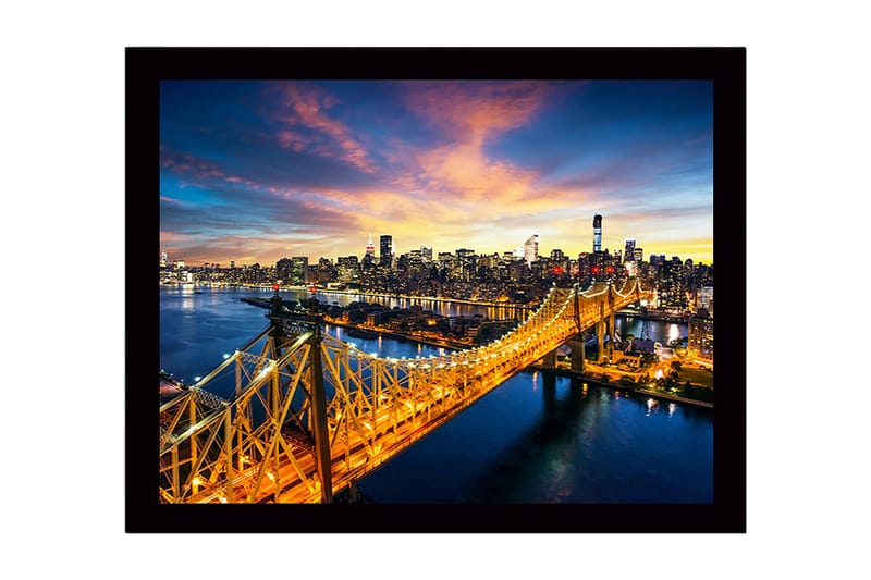 Innrammet lerretsbilde i tre - 41x56 cm - Vakkert bybilde av en bro med en glitrende skyline i bakgrunnen, Gull / Blå / Rosa