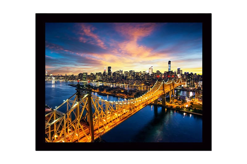 Innrammet lerretsbilde i tre - 41x56 cm - Vakkert bybilde av en bro med en glitrende skyline i bakgrunnen, Gull / Blå / Rosa