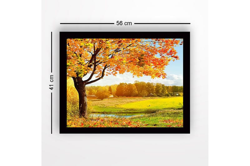Innrammet lerretsbilde i tre - 41x56 cm - Vakkert høstlandskap med et stort tre og fargerike blader - Oransje / Gul / Grønn - Innredning - Bilder & kunst