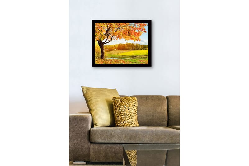 Innrammet lerretsbilde i tre - 41x56 cm - Vakkert høstlandskap med et stort tre og fargerike blader - Oransje / Gul / Grønn - Innredning - Bilder & kunst