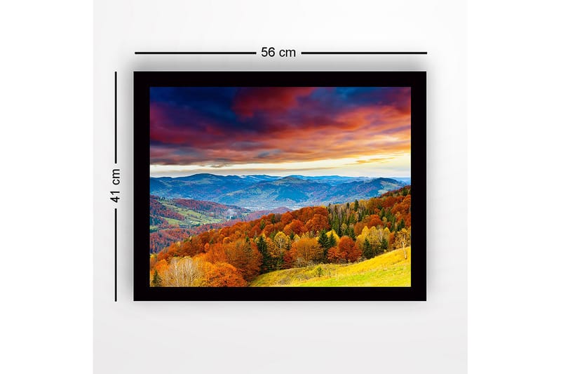 Innrammet lerretsbilde i tre - 41x56 cm - Vakkert høstlandskap med fargerike trær og fjerne fjell - Oransje / Grønn / Blå - Innredning - Bilder & kunst