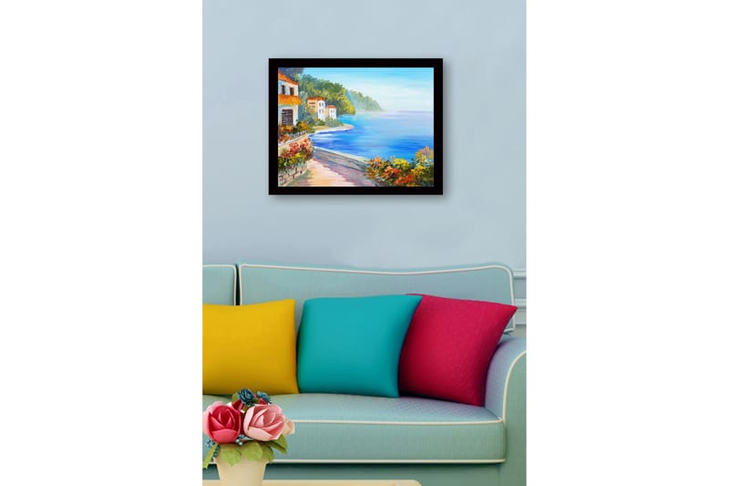 Innrammet lerretsbilde i tre - 41x56 cm - Vakkert kystlandskap med fargerike hus og blomstrende vegetasjon ved sjøen - Blå / Grønn / Oransje - Innredning - Bilder & kunst