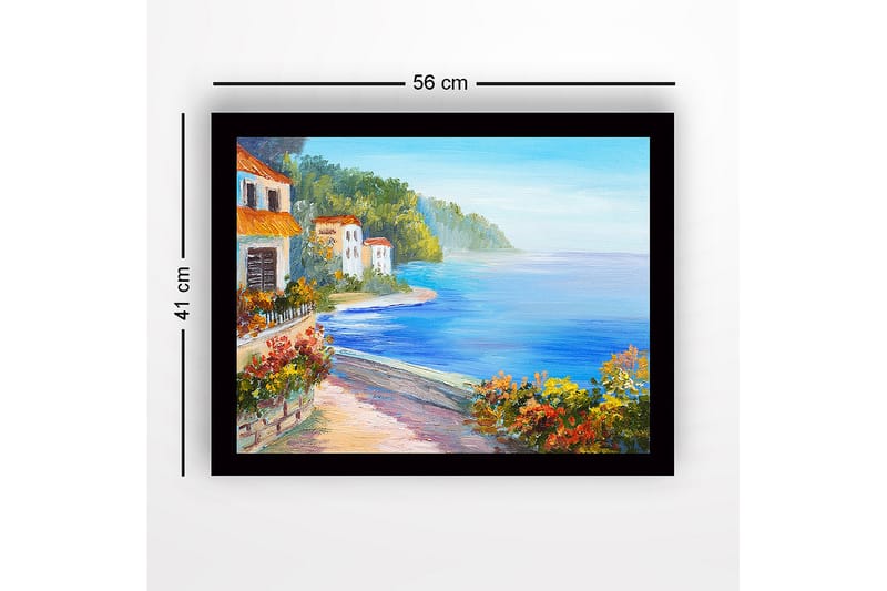 Innrammet lerretsbilde i tre - 41x56 cm - Vakkert kystlandskap med fargerike hus og blomstrende vegetasjon ved sjøen - Blå / Grønn / Oransje - Innredning - Bilder & kunst