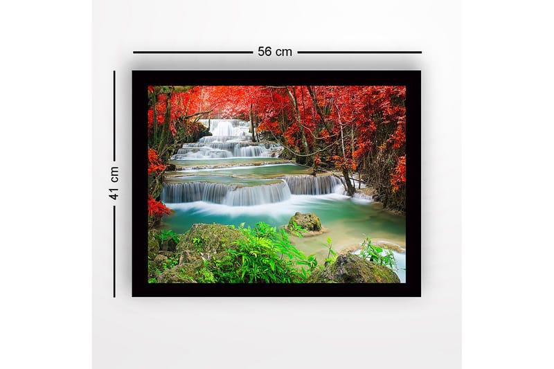 Innrammet lerretsbilde i tre - 41x56 cm - Vakre fossefall omgitt av rødbladet vegetasjon - Rød / Grønn / Turkis - Innredning - Bilder & kunst