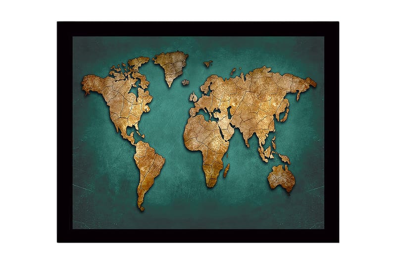 Innrammet lerretsbilde i tre - 41x56 cm - Verdenskart i gulltoner på turkis bakgrunn - Gull / Turkis - Innredning - Bilder & kunst