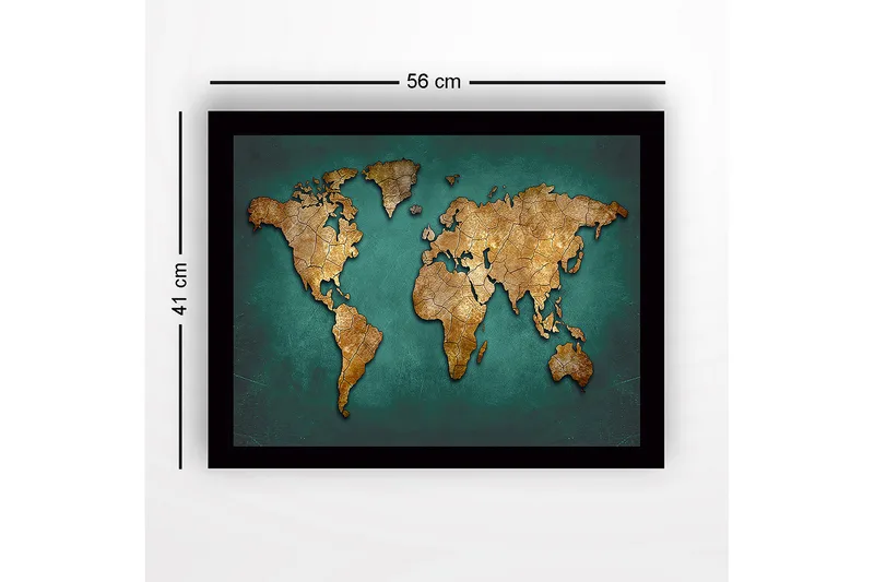 Innrammet lerretsbilde i tre - 41x56 cm - Verdenskart i gulltoner på turkis bakgrunn - Gull / Turkis - Innredning - Bilder & kunst
