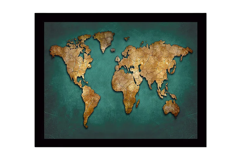 Innrammet lerretsbilde i tre - 41x56 cm - Verdenskart i gulltoner på turkis bakgrunn - Gull / Turkis - Innredning - Bilder & kunst