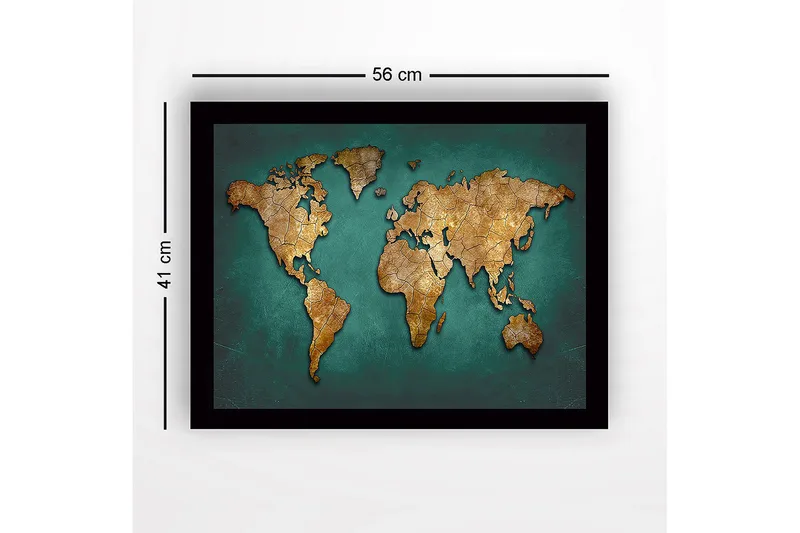 Innrammet lerretsbilde i tre - 41x56 cm - Verdenskart i gulltoner på turkis bakgrunn - Gull / Turkis - Innredning - Bilder & kunst