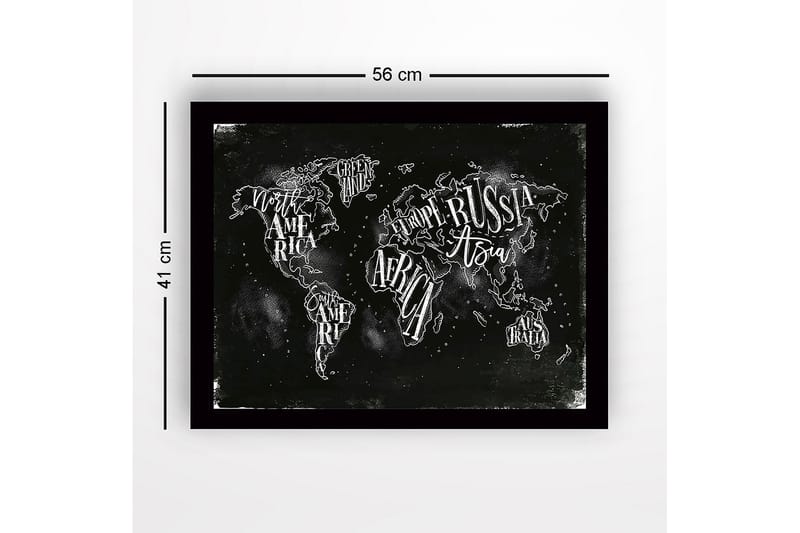 Innrammet lerretsbilde i tre - 41x56 cm - Verdenskart med håndskrevne navn på kontinenter og land - Svart / Hvit - Innredning - Bilder & kunst