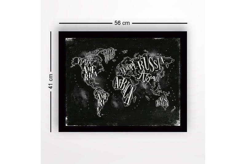 Innrammet lerretsbilde i tre - 41x56 cm - Verdenskart med håndskrevne navn på kontinenter og land - Svart / Hvit - Innredning - Bilder & kunst