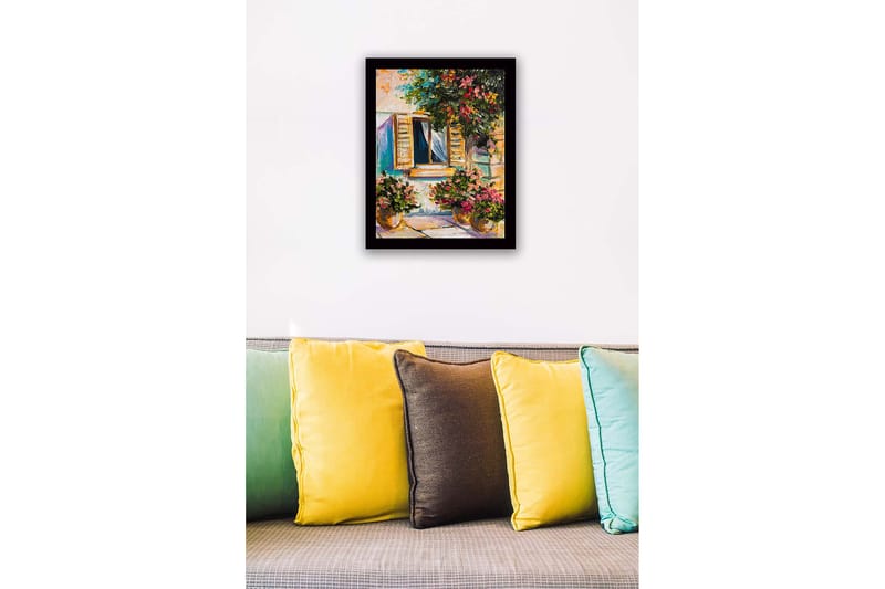 Innrammet lerretsbilde i tre - 41x56 cm - Vindu med blomsterpotter i solrike omgivelser - Grønn / Rosa / Gul - Innredning - Bilder & kunst