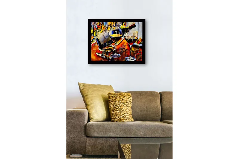 Innrammet lerretsbilde i tre - 41x56 cm - Vinkaraffel og glass med vin i en livlig komposisjon - Gull / Rød / Blå - Innredning - Bilder & kunst