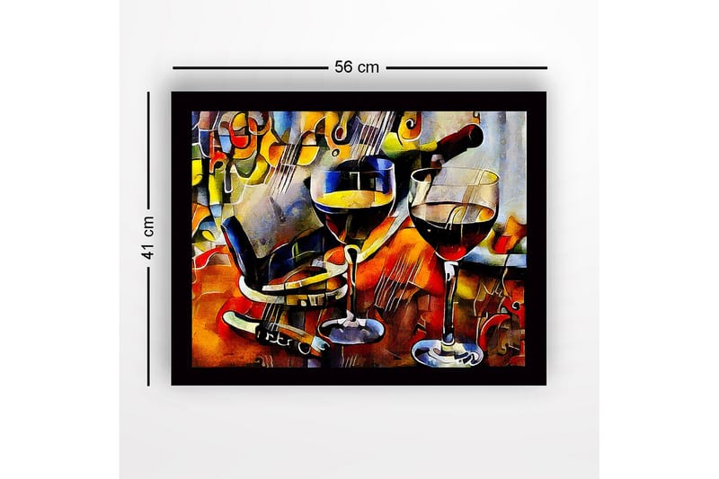 Innrammet lerretsbilde i tre - 41x56 cm - Vinkaraffel og glass med vin i en livlig komposisjon - Gull / Rød / Blå - Innredning - Bilder & kunst