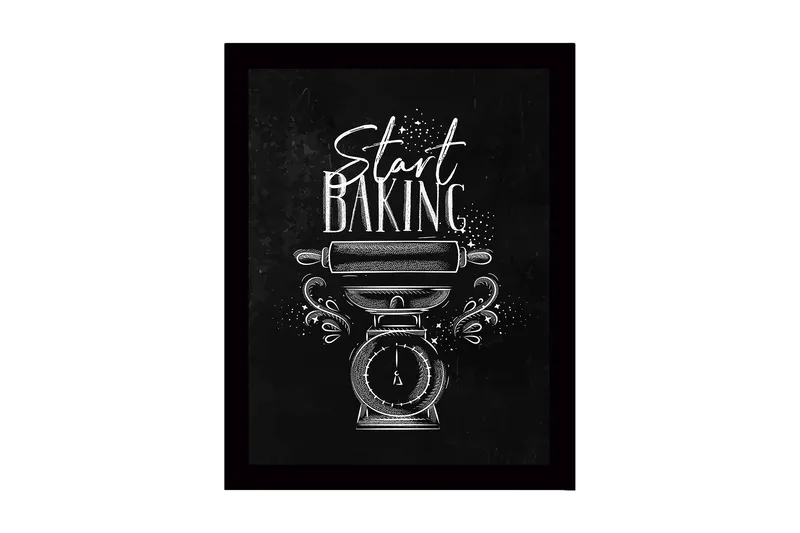 Innrammet lerretsbilde i tre - 41x56 cm - Vintage kjøkkenvekt med kjevle og teksten Start Baking, Svart / Hvit