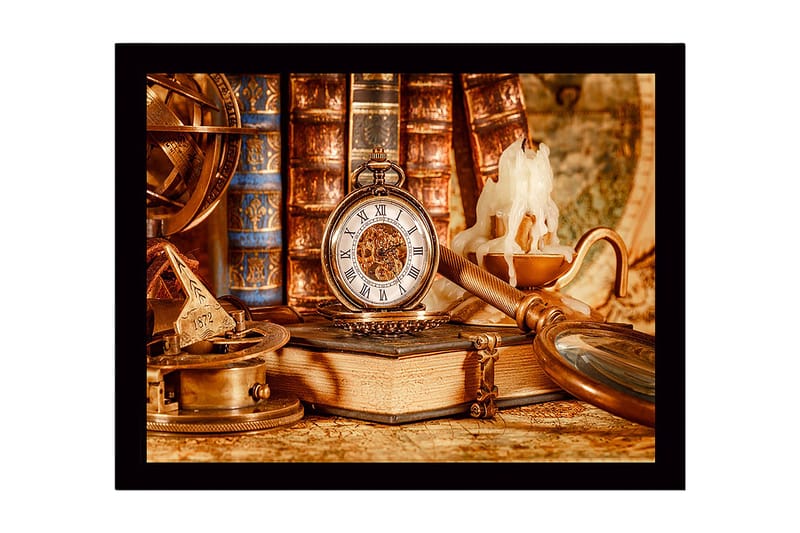 Innrammet lerretsbilde i tre - 41x56 cm - Vintage samling av navigasjonsverktøy og lommeur - Gull / Brun / Beige - Innredning - Bilder & kunst