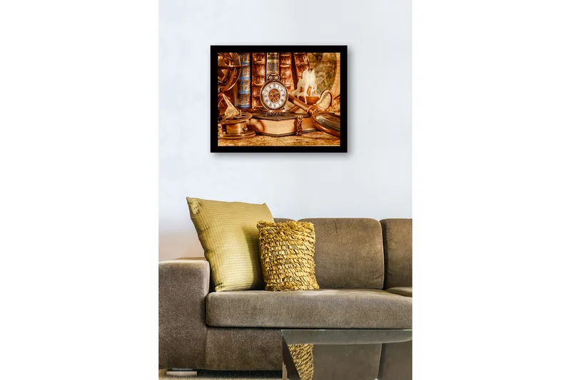 Innrammet lerretsbilde i tre - 41x56 cm - Vintage samling av navigasjonsverktøy og lommeur - Gull / Brun / Beige - Innredning - Bilder & kunst