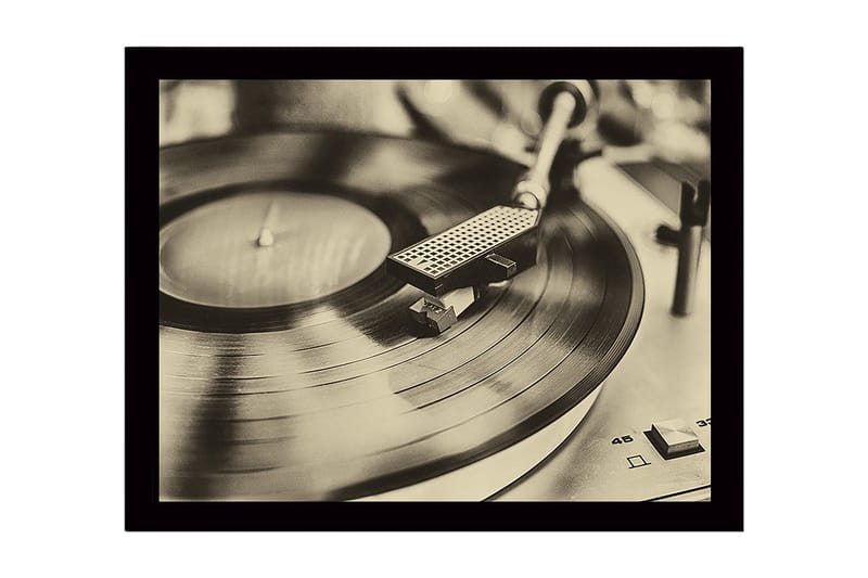 Innrammet lerretsbilde i tre - 41x56 cm - Vintage platespiller med spinnende plate - Svart / Brun / Gull - Innredning - Bilder & kunst