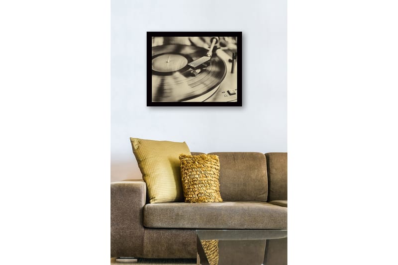 Innrammet lerretsbilde i tre - 41x56 cm - Vintage platespiller med spinnende plate - Svart / Brun / Gull - Innredning - Bilder & kunst