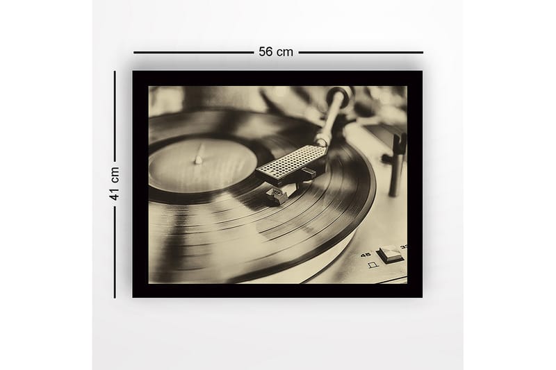 Innrammet lerretsbilde i tre - 41x56 cm - Vintage platespiller med spinnende plate - Svart / Brun / Gull - Innredning - Bilder & kunst