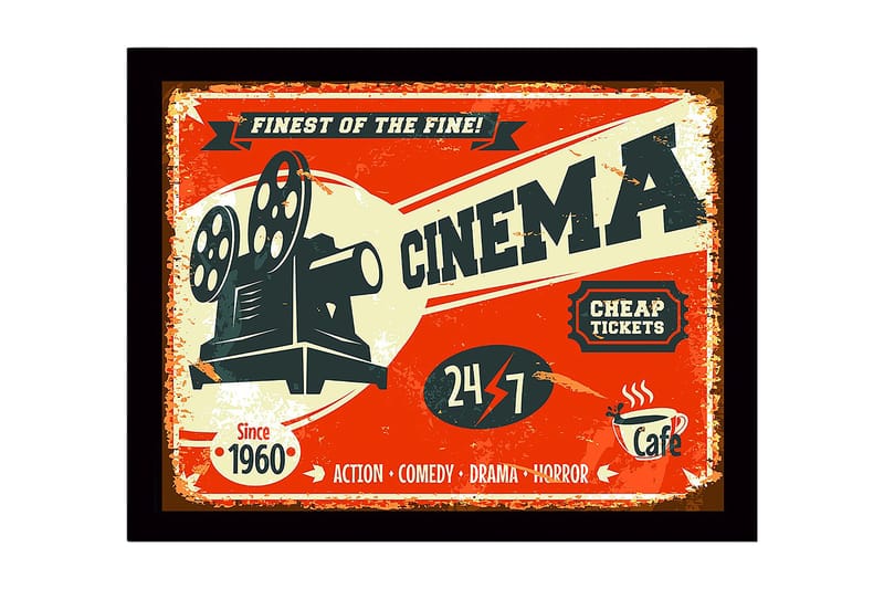 Innrammet lerretsbilde i tre - 41x56 cm - Vintage plakat for kino med filmprojektor, Rød / Svart / Beige