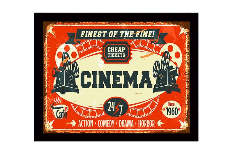 Innrammet lerretsbilde i tre - 41x56 cm - Vintage plakat for kino med filmprojektor og billetter, Rød / Svart / Beige