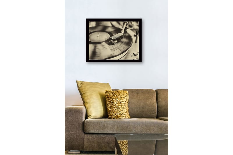 Innrammet lerretsbilde i tre - 41x56 cm - Vintage platespiller med spinnende plate - Svart / Brun / Gull - Innredning - Bilder & kunst