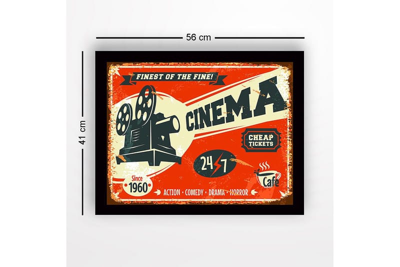 Innrammet lerretsbilde i tre - 41x56 cm - Vintage plakat for kino med filmprojektor - Rød / Svart / Beige - Innredning - Bilder & kunst