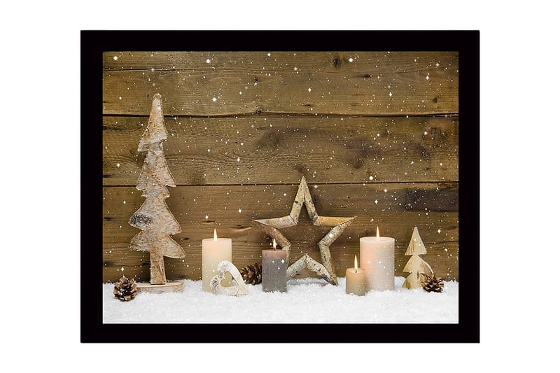Innrammet lerretsbilde i tre - 41x56 cm - Vinterlandskap med dekorasjoner av trær og lys, Hvit / Beige / Brun