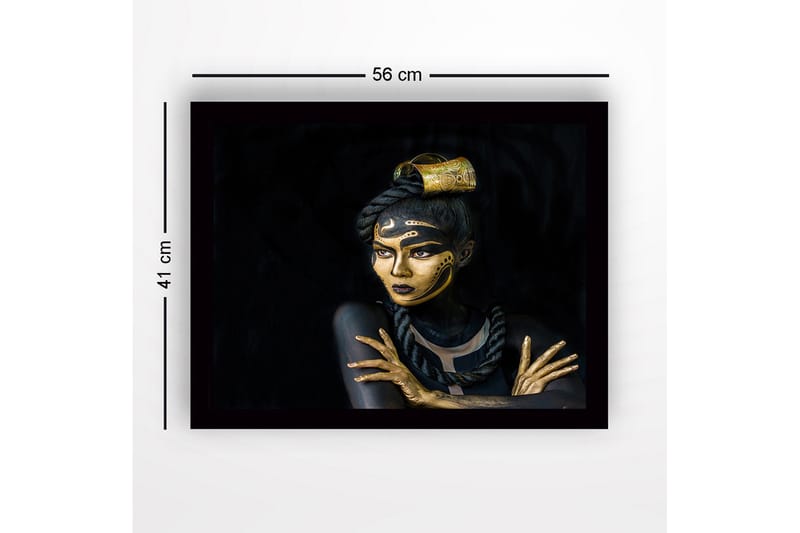 Innrammet lerretsbilde i tre - 41x56 cm - Portrett av en kvinne med gullsminke og detaljerte mønstre - Gull / Svart - Innredning - Bilder & kunst